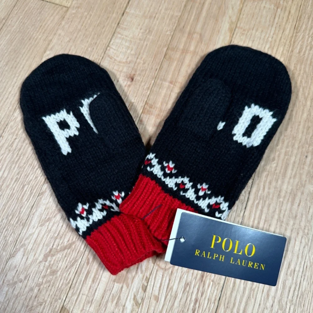 Polo Ralph Lauren Mittens Black Red One Size 7-16 Brand New With Tags